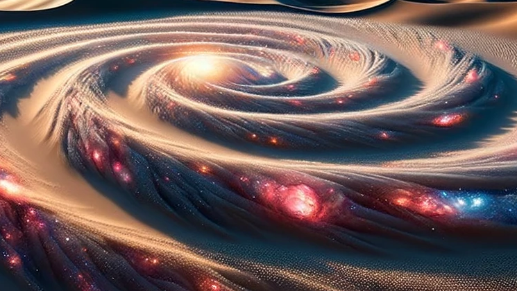DALL·E 2023-10-16 19.03.13 - Photo of a vast desert landscape, where the grains of sand merge into a swirling pattern representing galaxies, showcasing the Stoic Logos and the ide